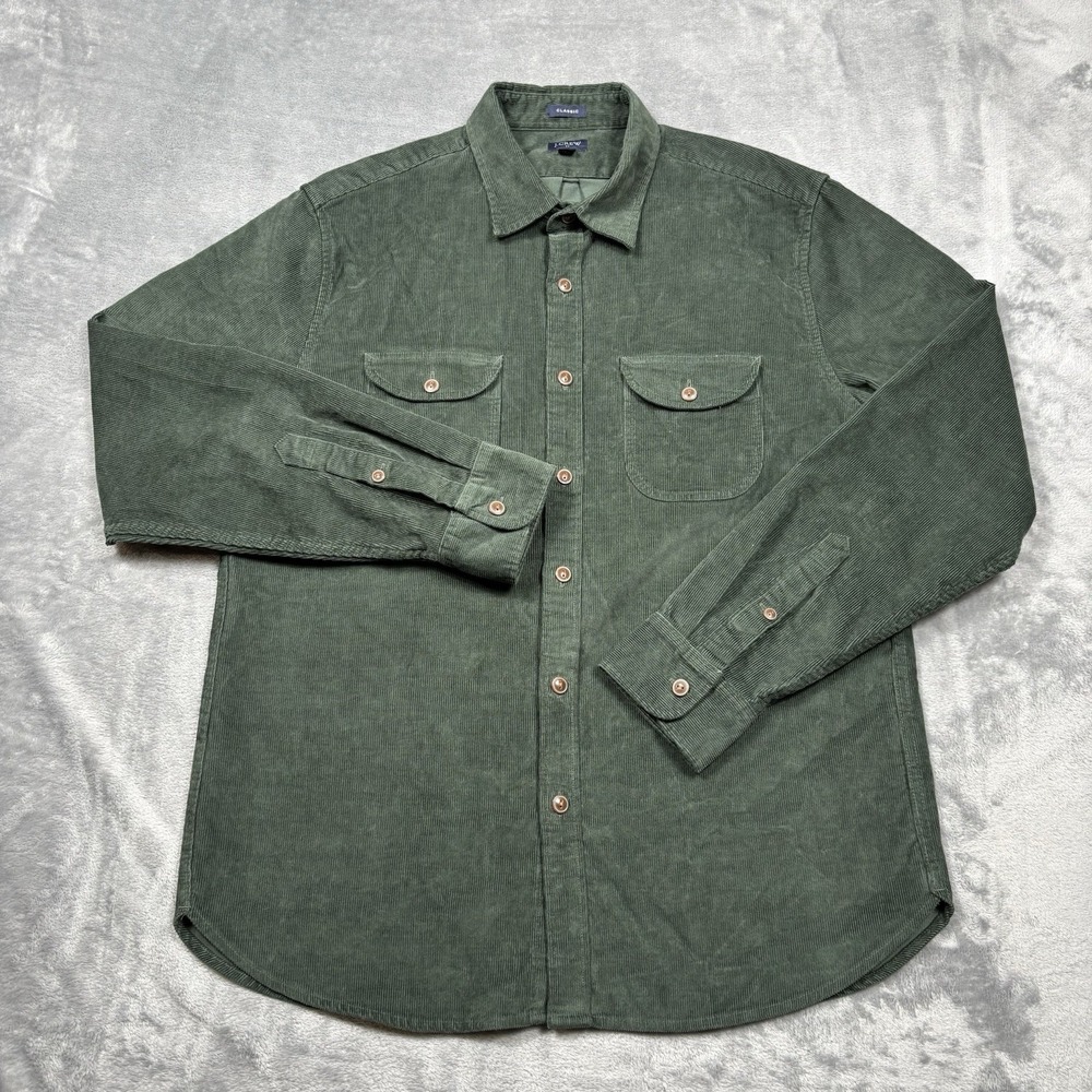 J Crew Classic Corduroy Workshirt Mens Large Green Long Sleeve Button Up